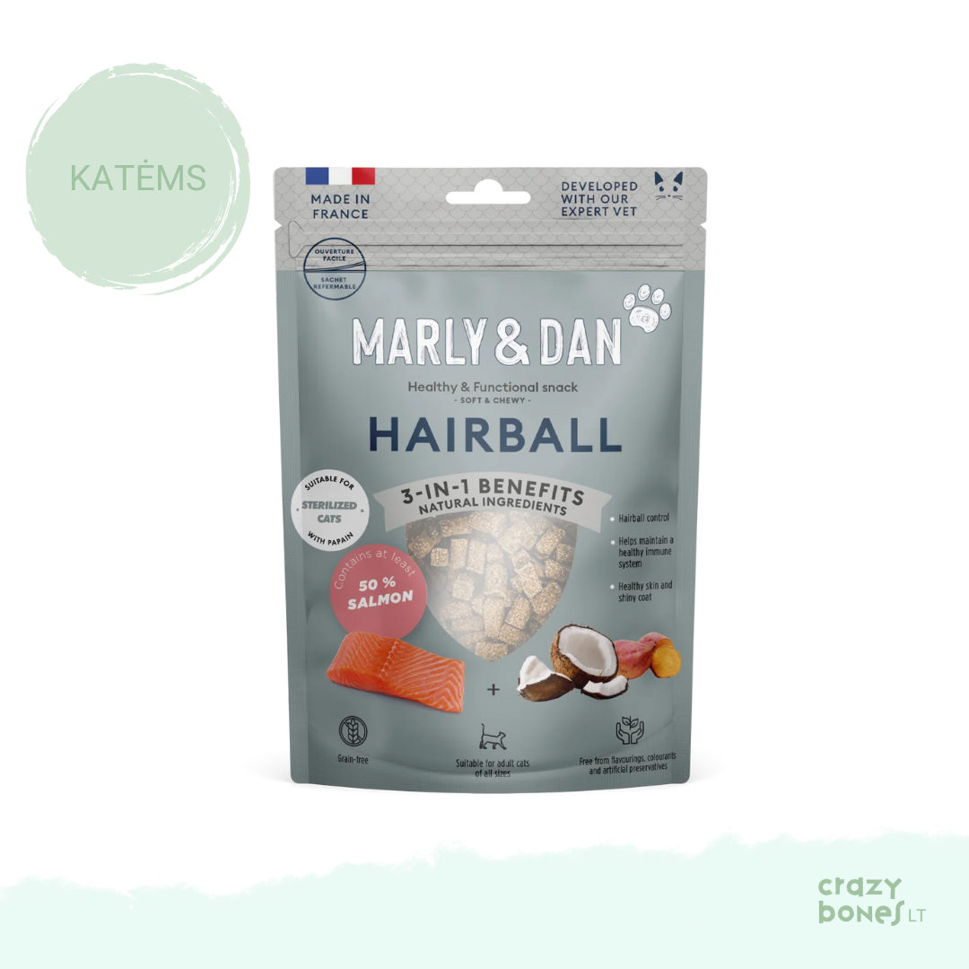 Marly & Dan lašišos skanėstai katėms HAIRBALL