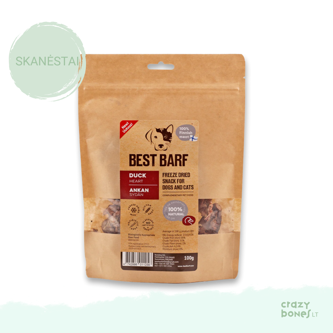100 % natūralus liofilizuotų ančių širdžių skanėstas