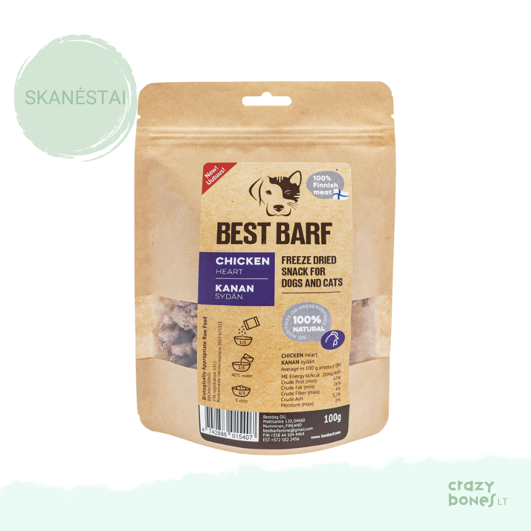 100 % natūralus liofilizuotų vištienos širdelių skanėstas