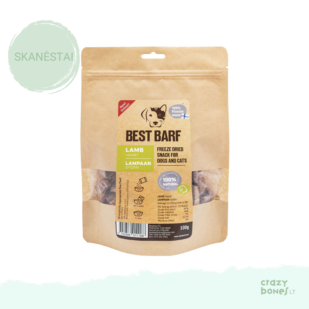 100 % natūralus liofilizuotų ėrienos širdžių skanėstas