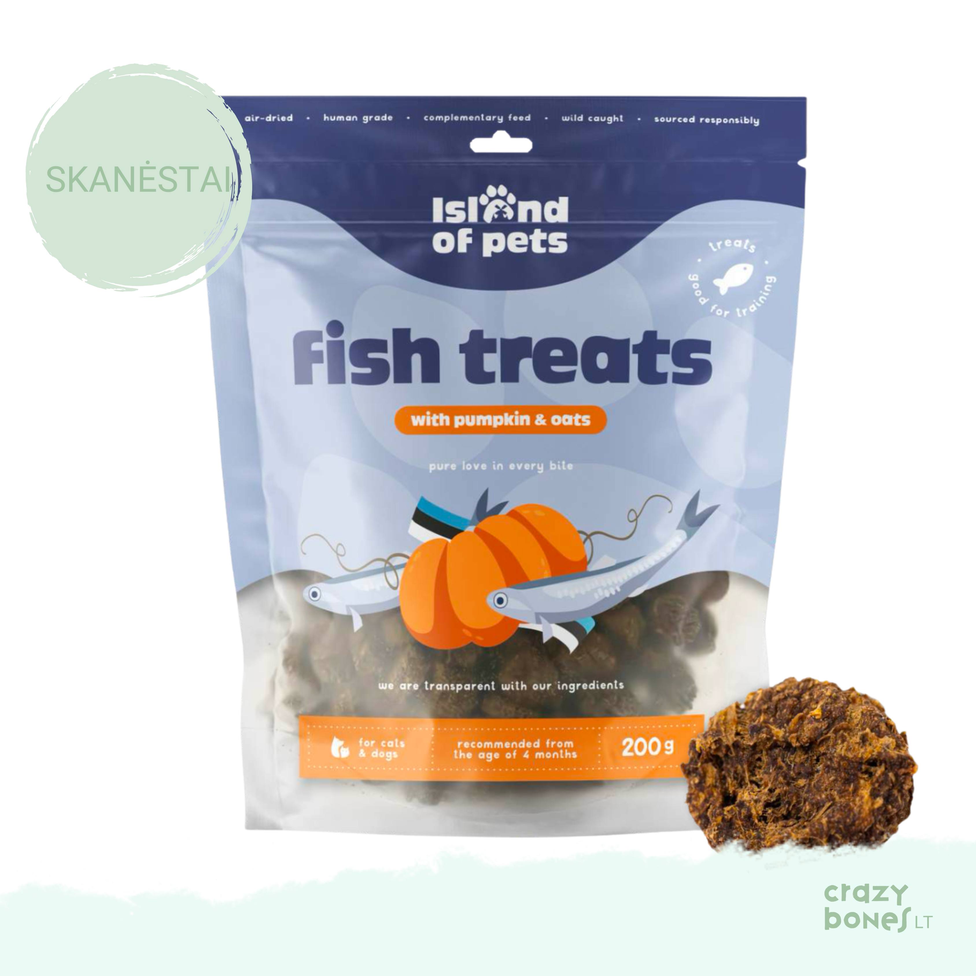 Ore džiovinti šprotų kąsneliai su moliūgu ir avižomis